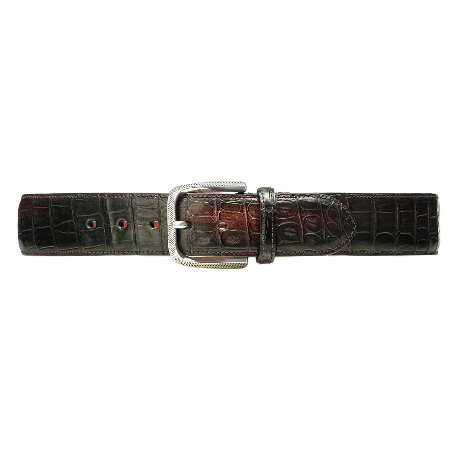 Front view of luxury belt Todeschini for man in burgundy crocodile 